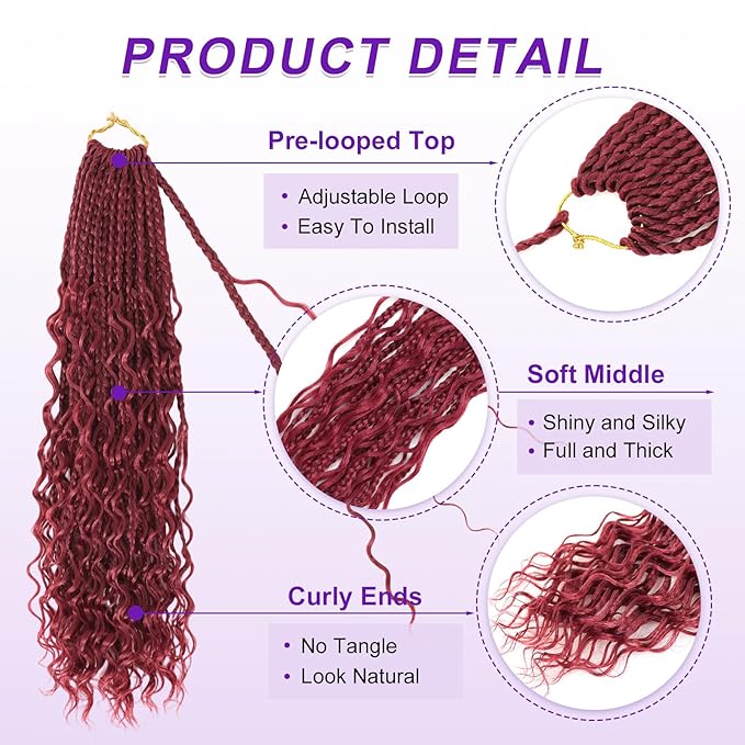 Eacia Goddess Box Braids Crochet Hair 14 Inch 7 Packs Burgundy Boho Box Braids with Curly Ends Pre looped Crochet Hair for Women(14 Inch, Burgundy#)