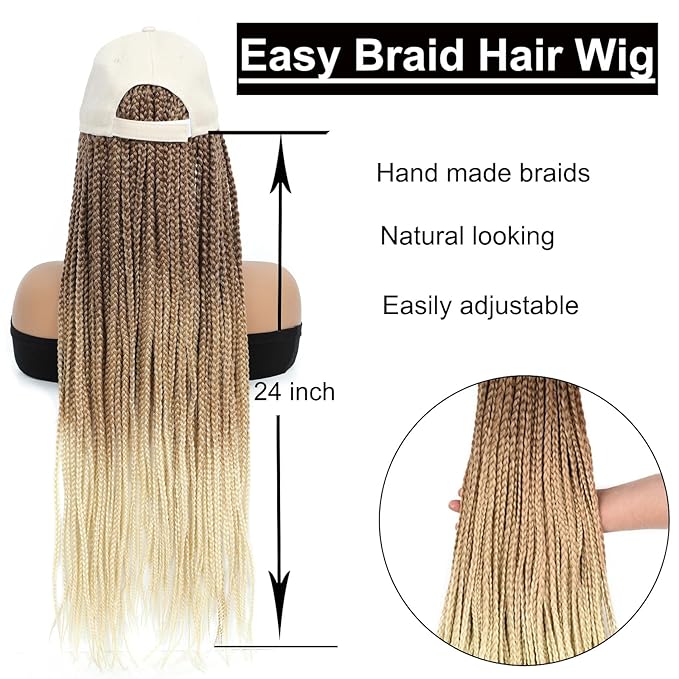 Hat Wig for Women Baseball Cap with Blonde Braided Hair Attached 24inch long Synthetic Box Braid Wig Adjustable Beige Cap with ombre brown blonde light blonde Braids for Daily Outdoor Halloween Use