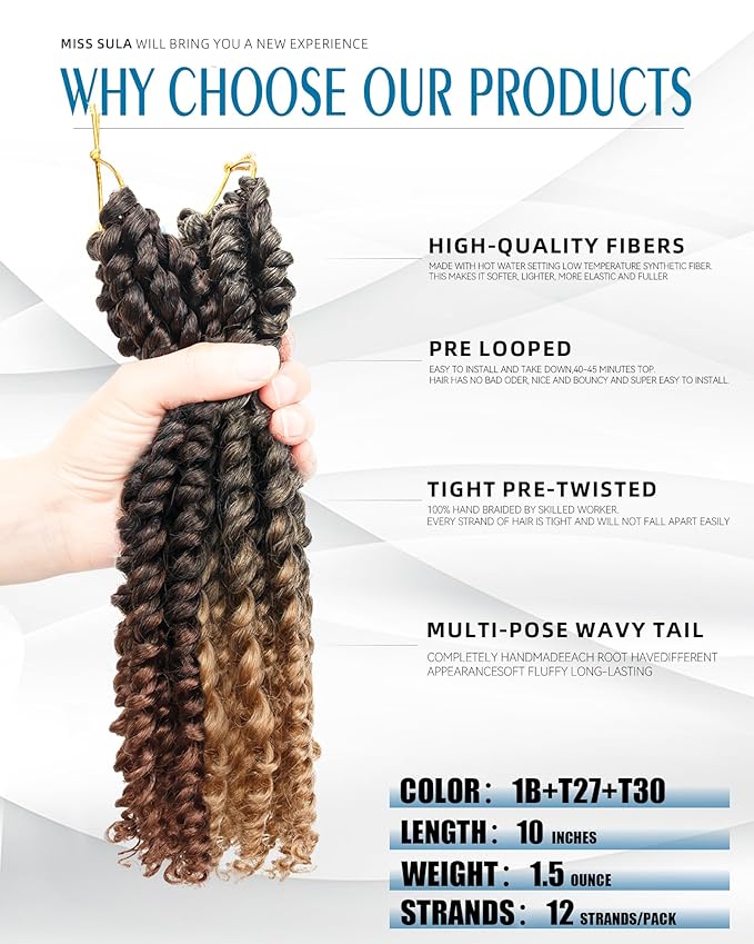 Passion Twist Crochet Hair-Mixed Color Combo Pack(6 packs 1B+1 pack T1B/27+1 pack T1B/30),Pre-twisted Pre Looped Synthetic Braided Hair Extensions For Black Women and Kids(10"-8 Packs,1B+T27+T30)