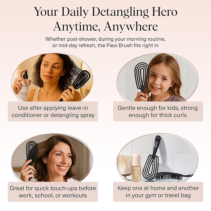 Kitsch Detangler Brush – Flexible Curly Hair Brush for Women, Men & Kids | Detangling Hairbrush with Bendable Frame and Ultra-Smooth Bristles for Wet or Dry Strands - Black