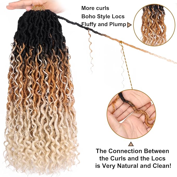 COOKOO 18 Inch 8 PCS Pre Curled Goddess Faux Locs Crochet Hair with Curly Ends 14 Strands/Pack Bohemian Curly Crochet River Locs Braids Hair for Black Women Hippie Locs Crochet Braids Hair 1B/27/613#