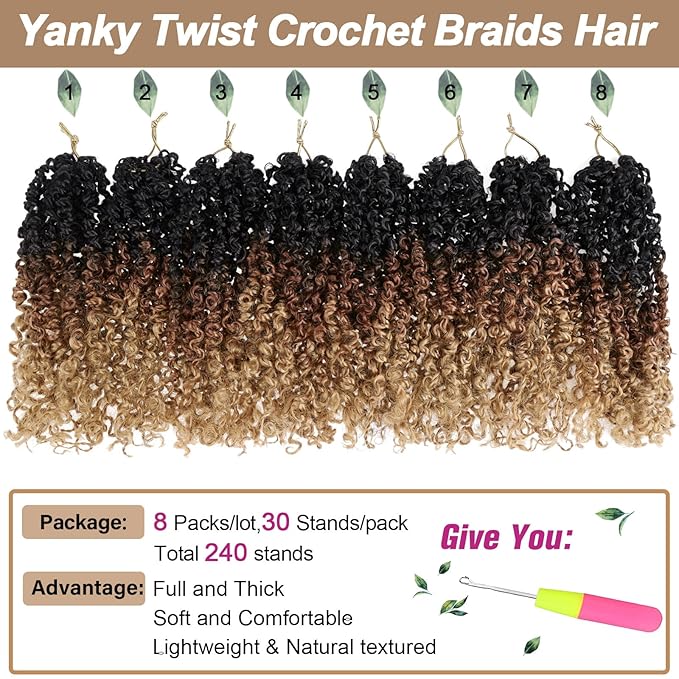 COOKOO 8 PCS Pre-twisted Yanky Twists Synthetic Crochet Braiding Hair 8 Inch Ombre Brown to Blonde Pre Looped Spring Twists Hair Short Water Wave Passion Twists Crochet Hair with Curls 1B/30/27#