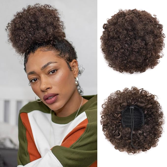 AISI QUEENS Afro Puff Ponytail for Black Women Kinky Curly Afro Ponytail Synthetic Hair Puffs, Deep Brown Afro Bun Drawstring Ponytail for Women Girls(2-33#)