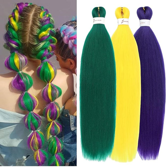 24 inch Colored Pre Stretched Braiding Hair Natural as Human Braiding Hair Extensions Crochet Hair Synthetic Crochet Braids (24Inch, Green/Purple/Yellow)