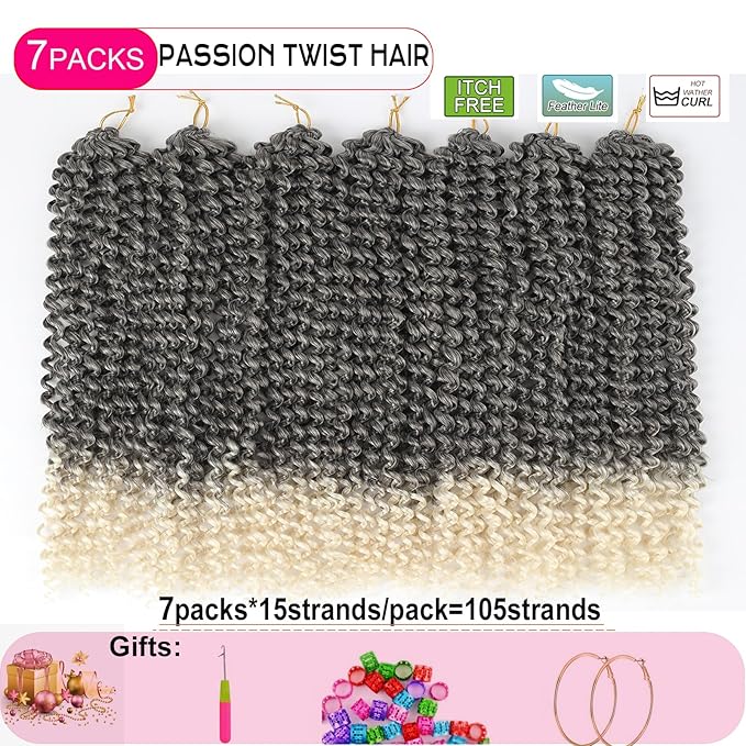 Ombre Blonde Passion Twist Hair, 18 Inch 7 Packs Water Wave Crochet Hair, Curly Wrap Braiding Hair For Passion Twist Crochet Hair/Butterfly Locs/Spring Twist Crochet Braids Hair Twist(18in,4/613#)