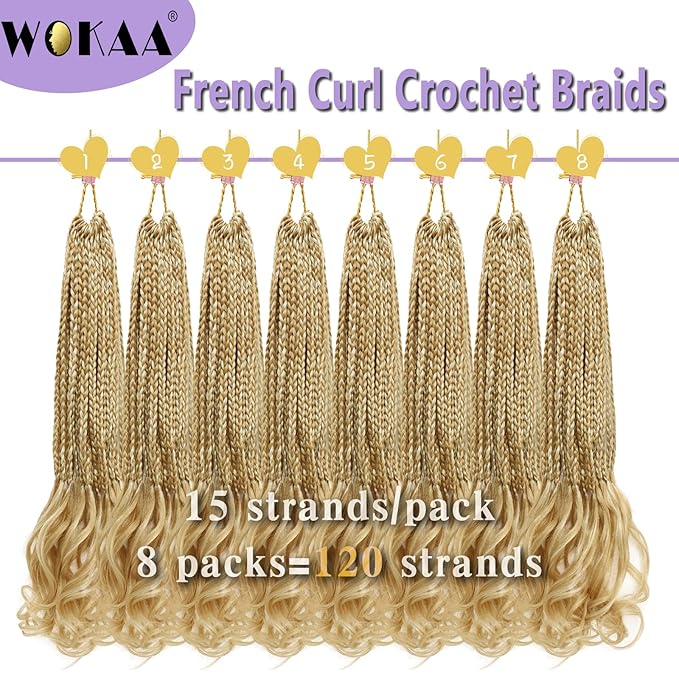 French Curl Crochet Braids 20 Inch 8 Packs Goddess Box Braids Crochet Hair Pre Looped Crochet Box Braid with Curly Ends Synthetic French Curly Braiding Hair Extensions P27/613