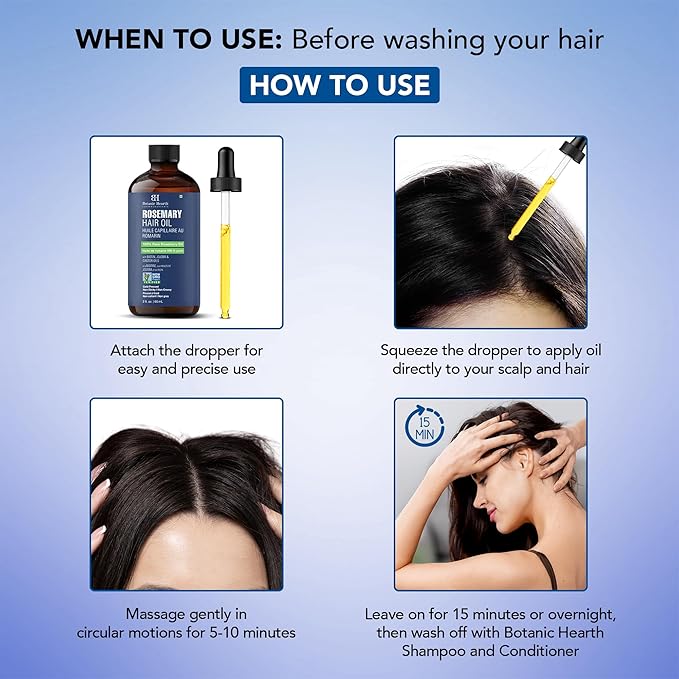 Botanic Hearth 100% Pure Rosemary Oil For Hair Growth Infused With Biotin | Hair Strenghtening Treatment | Nourishing & Volumizing | With Jojoba Oil & Castor Oil | Non GMO Verified | 2 fl oz, Blue