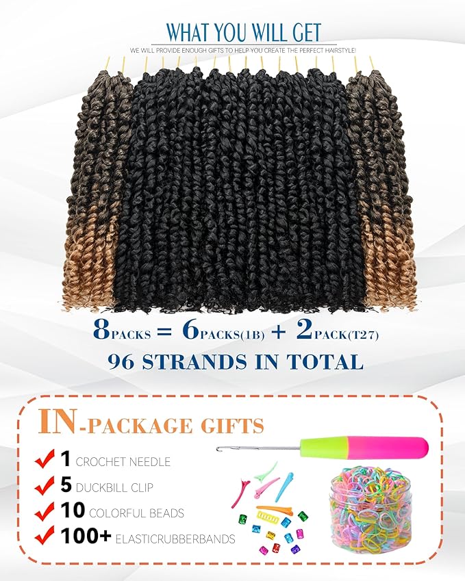 10 Inches 8 Packs Passion Twist Crochet Hair-Mixed Color Combo Pack(6 packs 1B+2 pack T1B/27),Pre Looped Pretwisted Hair Braided by Spring Kinky Twist Bohemian Curls(10 Inch(Pack of 8), 1B+T27)