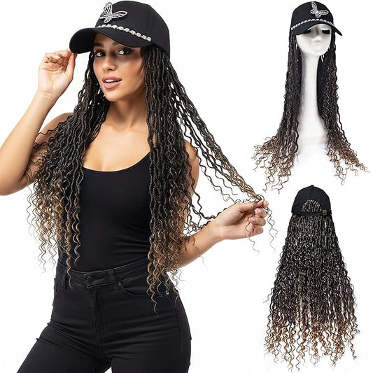 Cap with Hair 26-Inch Faux Locs with Curly Ends, Ombre Brown Goddess Crochet Boho Curls Wig Hats for Women