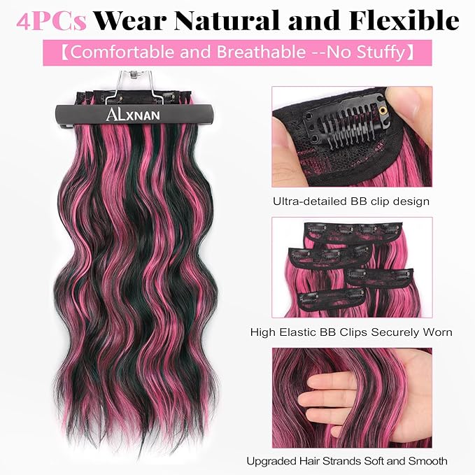 ALXNAN Clip in Long Wavy Synthetic Hair Extension 24 Inch Black Mix Rose Pink Highlights 4PCS Thick Hairpieces Fiber Double Weft Hair for Women