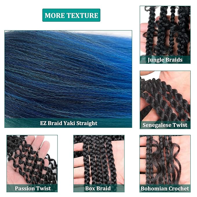 Prestretched Braiding Hair Ombre Blue Braiding Hair Pre Stretched 26" 6packs Braids in Hair Extensions for Braiding Hot Water Setting Itch Free Synthetic Yaki Perm Kids Women Braiding Hair by UPruyo