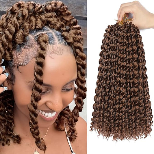 10 Inch Passion Twist Hair, Brown Water Wave Crochet Hair 22 Strands/Pack Passion Twist Crochet Hair For Women Short Passion Twists Braiding Hair Curly Braiding Hair (10 Inch (Pack of 2), #30)