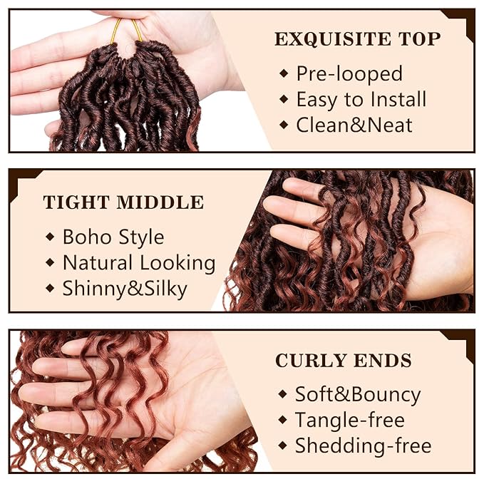 COOKOO Ombre Ginger Goddess Locs Crochet Hair 24 Inch 8 Packs Boho Faux Locs Crochet Hair with Curls Pre Looped River Locs Crochet Hair for Black Women Bohemian Locs Braids Hair Extensions T350#