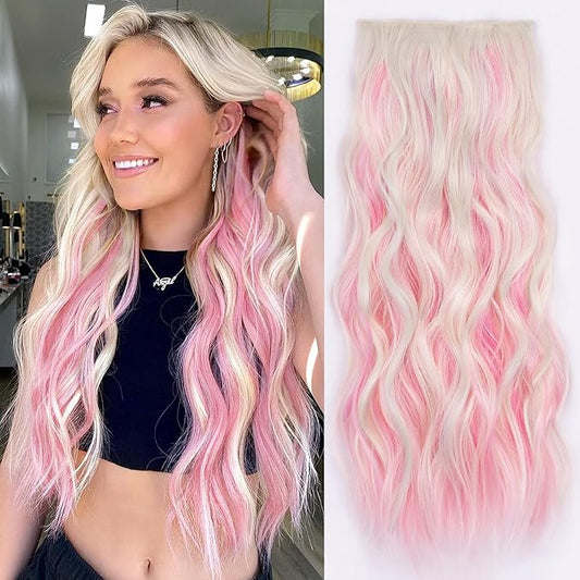 ALXNAN Clip in Long Wavy Hair Extension 20 Inch Blonde Pink Hair Extensions 4PCS Thick Hairpieces Fiber Double Weft Hair for Women