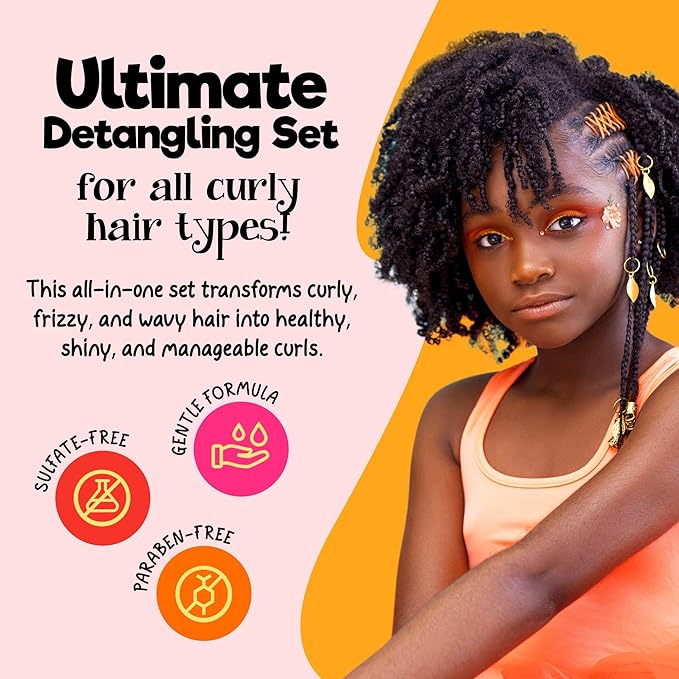 CurlyKids Super Detangle Spray Bundle with Hair Detangler Spray, Kids Shampoo, Conditioner, Gel & Creme for Curly, Frizzy, & Wavy Hair | Sulfate & Paraben-Free Formula to Detangle