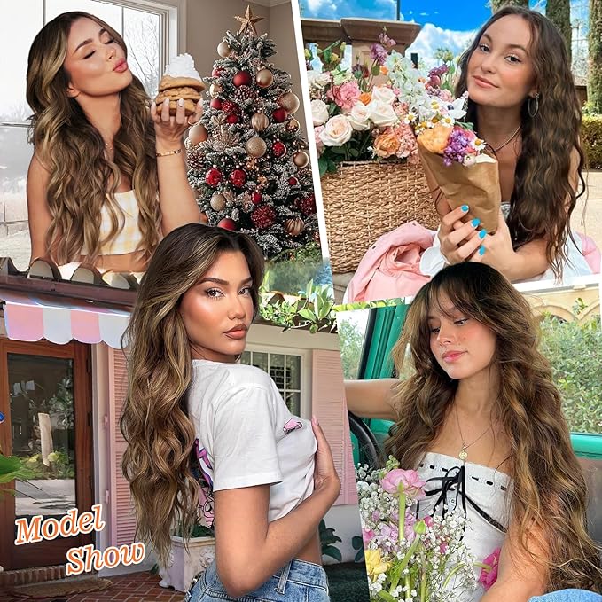 ALXNAN Clip in Long Wavy Synthetic Hair Extension 24 Inch Medium Brown with Blonde Highlights 4PCS Thick Hairpieces Fiber Double Weft Hair for Women