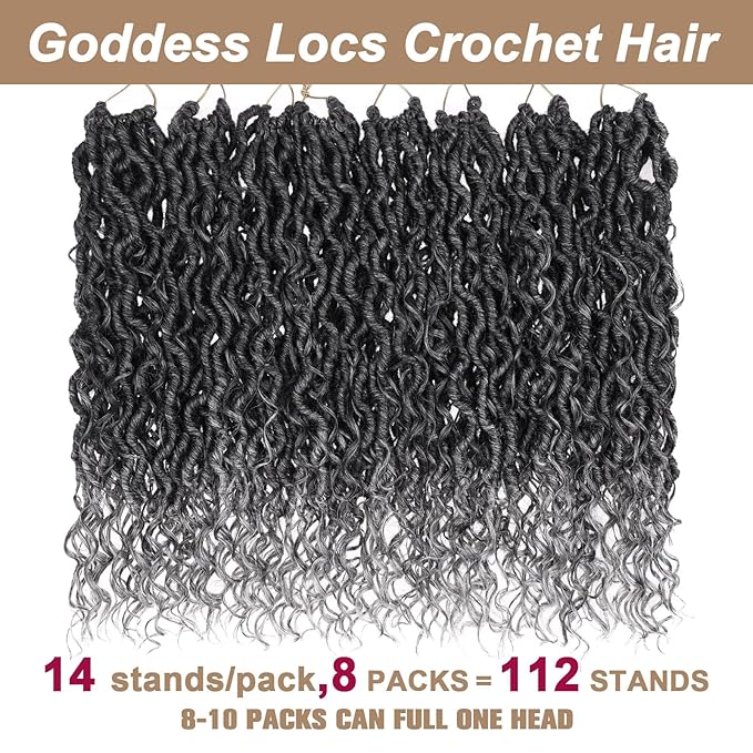 COOKOO 8 Packs Goddess Locs Crochet Braids Hair 14 Inch Pre-curled River Locs Crochet Hair Goddess Faux Locs Wavy Crochet Hair for Women Pre Looped Bohemian Locs Crochet Hair Extensions Tgrey#