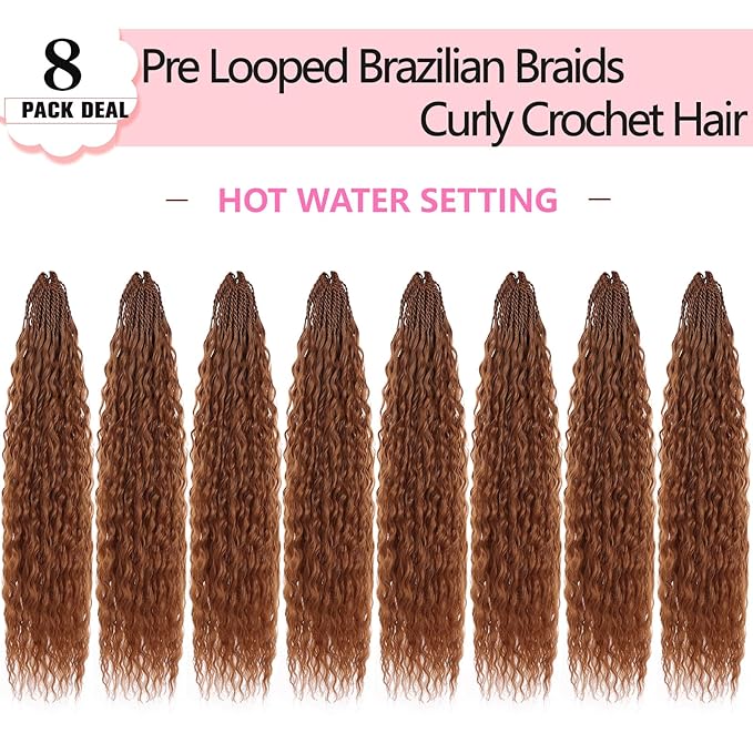 Xtrend 18 Inch Pre Looped Micro Curly Crochet Hair 8 Packs Honey Brown Brazilian Braid Curly Crochet Hair Extensions Water Wave Synthetic Deep Wave Crochet Hair For Black Women(30 Strands/Pack，30#)