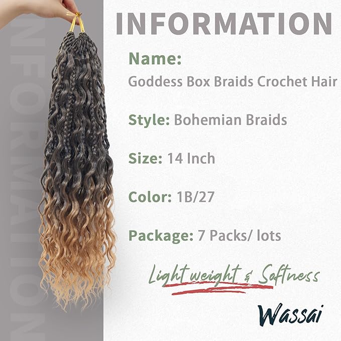14 Inch Boho Crochet Braids 7Packs Goddess Box Braids Crochet Hair for Women Pre Looped Bohemian Hippie Braiding Hair Extensions, 1B/27