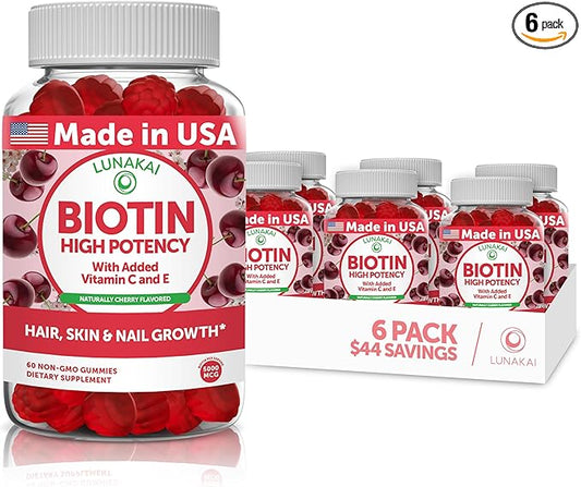 Lunakai USA Made Biotin Gummies 5000mcg with Vitamin C & E - Delicious Hair Skin Nails Vitamins for Women, Non-GMO, Hair Growth Supplement - 6 Pack