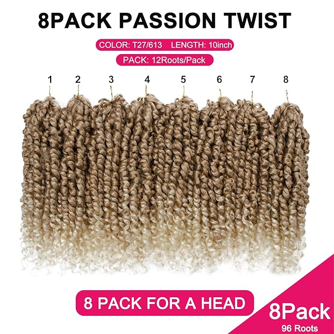 Passion Twist Hair - 8 Packs 10 Inch Passion Twist Crochet Hair For Women, Crochet Pretwisted Curly Hair Passion Twists Synthetic Braiding Hair Extensions (10 Inch 8 Packs, T27/613)