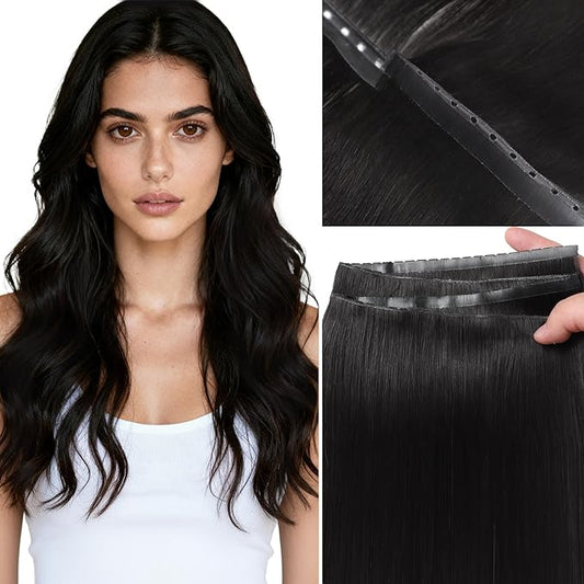 LOXXY Double Weft PU OVO Human Hair Extensions - 16 Inch 100g Seamless Natural Black - Bead in Butterfly Hair Weft- Invisible Straight Bead in Hair Extensions, Twin Tab Weft Width 31.5"