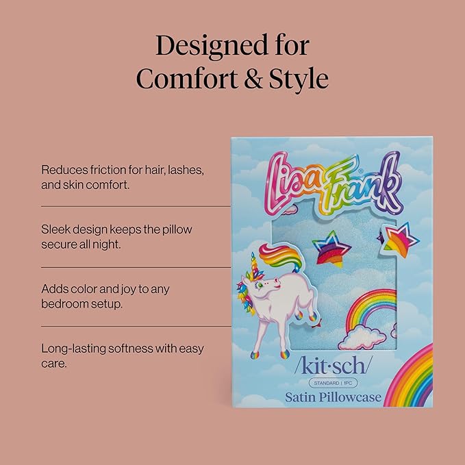 Kitsch x Lisa Frank Satin Pillowcase with Zipper for Hair & Skin, Softer Than Silk Pillow Cases Queen, Wrinkle-Free, Smooth and Cooling Satin Pillow Covers Standard/Queen Size 19x26 - MarkieTM