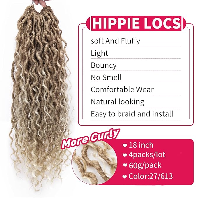 Goddess Locs Crochet Hair 18Inch Boho FauxLocs,Crochet Locs With Curly Ends River Hippie Bohemian Loc Crochet Hair 4Packs(27/613, 18inch)