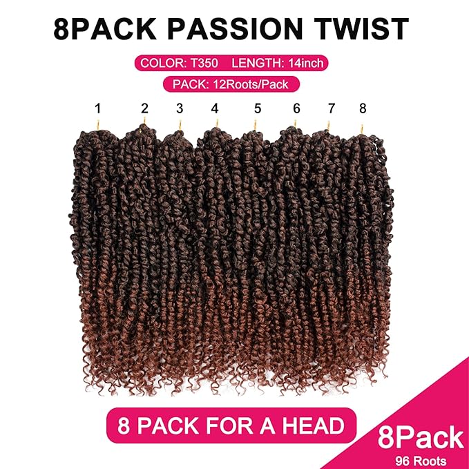 Passion Twist Hair - 8 Packs 14 Inch Passion Twist Crochet Hair For Black Women, Crochet Pretwisted Curly Hair Passion Twists Synthetic Braiding Hair Extensions(14 Inch 8 Packs, T350)