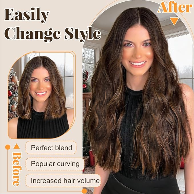 ALXNAN Clip in Long Wavy Synthetic Hair Extension 24 Inch Brown with Caramel Highlights 4PCS Thick Hairpieces Fiber Double Weft Hair for Women
