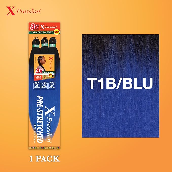 Sensationnel X-pression prestretched braiding hair - 3x braid 58 inch all kanekalon flame retardant synthetic braid for box braids and twists (1 pack, T1B/BLU)