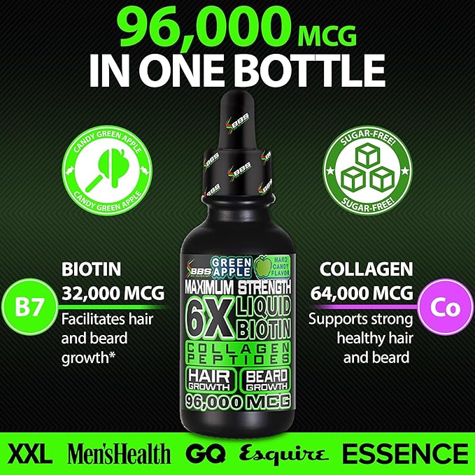 Biotin Gummies 620,000mcg + Liquid Biotin Drops with Collagen Peptides – Men's Beard Growth Kit for Thicker Fuller Beard – Beard & Hair Growth Vitamins with MSM, Keratin, Bamboo & Zinc