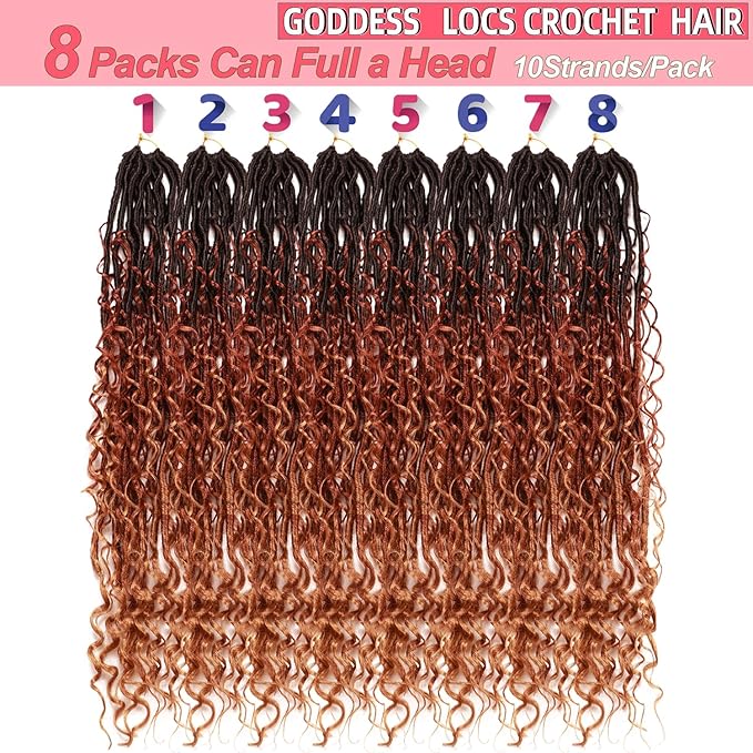 Goddess Locs Crochet Hair-24 Inch 8 Packs Boho Faux Locs Crochet Hair for Black Women Pre Looped Soft Locs with Curly Ends (1B/30/27, 24 Inch(Pack of 8))