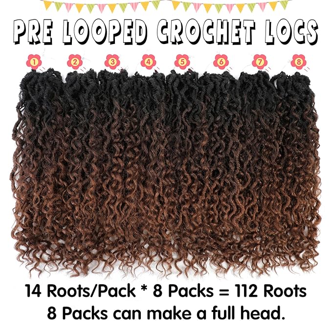Fulcrum Goddess Locs Crochet Hair 14 Inch, 8 Packs New Faux Locs Crochet Hair for Black Women, Crochet locs with Curly Ends (14Inch (Pack of 8), 1B/4/30#)