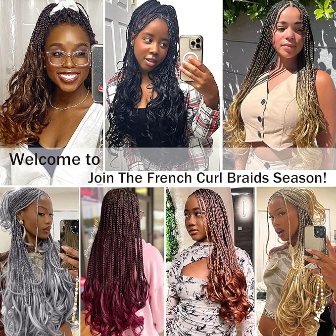 French Curl Crochet Braids 18 Inch 8 Packs Goddess Box Braids Crochet Hair for Women Pre Looped Crochet Box Braid with Curly Ends Synthetic French Curly Braiding Hair Extensions (8 Packs，1B/BUG)