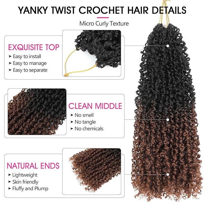 NAYOO 12 Inch Yanky Twist Crochet Hair - 8 Packs (30 Stands/Pack) Mini Passion Twist with Curly Ends Synthetic Ombre Brown Pre-Looped Crochet Braids Braiding Hair (12 Inch, T30)