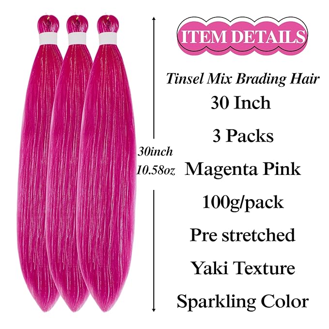 Tinsel Braiding Hair Pre stretched Meganta Pink Braiding Hair for Glitter Braids Festival Braids Cosplay