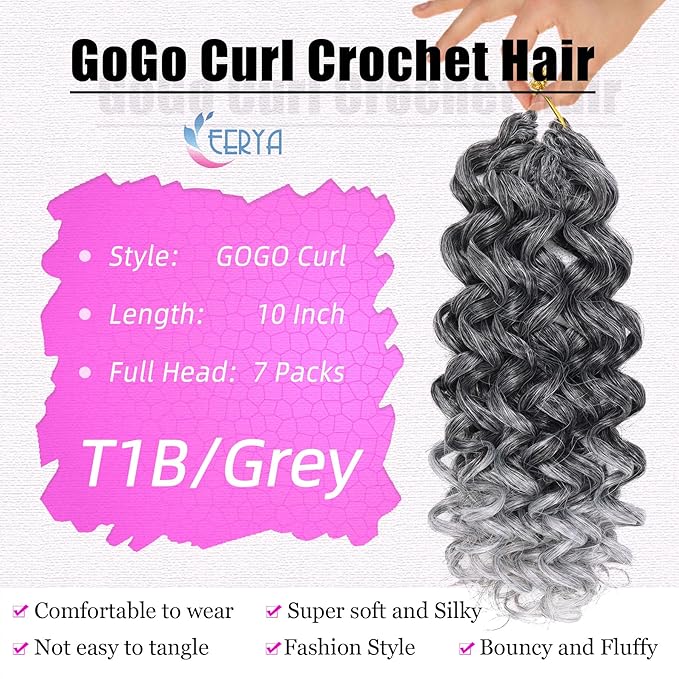 7 Packs GoGo Curl Crochet Hair 10 Inch Grey Short Curly Crochet Hair for Women Beach Curl Water Wave Deep Twist Crochet Braids Synthetic Braiding Hair Extensions (10 Inch, TGRAY)