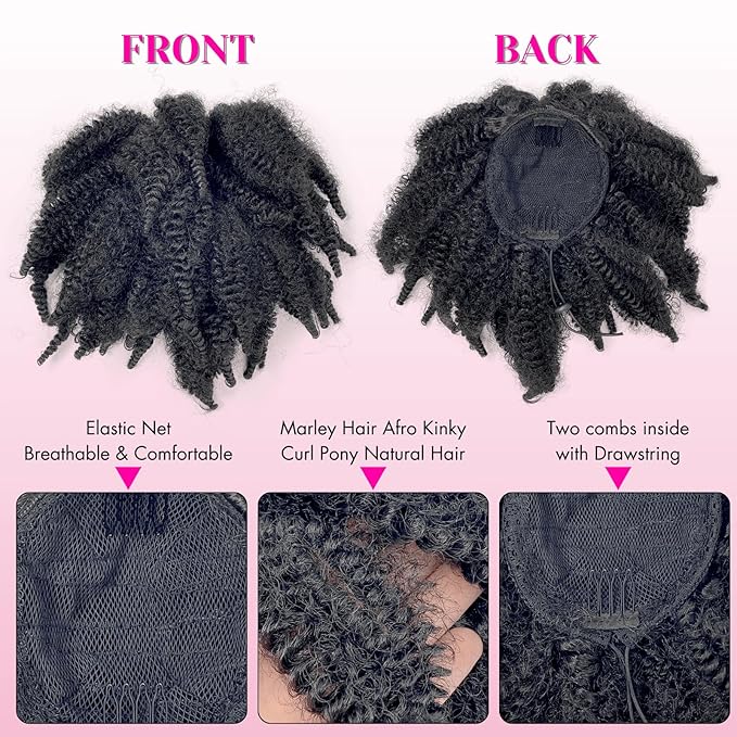 Short Marley Hair Drawstring Ponytail Black 4C Afro Puff Bun Braiding Ponytail Hair with Clips Synthetic Afro Kinky Curl Pony Tail Hairpiece for Black Women - Natural Black 12"