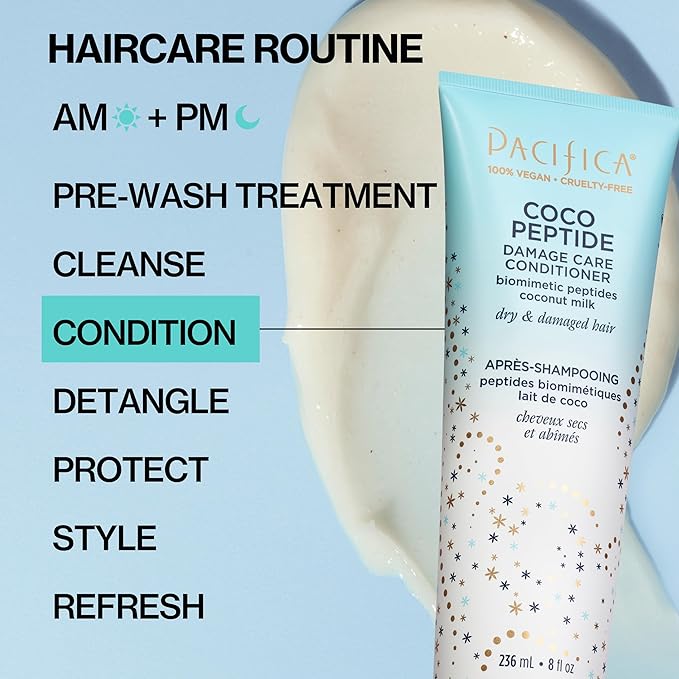 Pacifica Coco Peptide Damage Care Shampoo & Conditioner Set – Repairing Hair Care for Dry Damaged Hair Vegan Collagen & Peptides for Split Ends & Breakage Sulfate Free Clean Vegan Dermatologist Tested