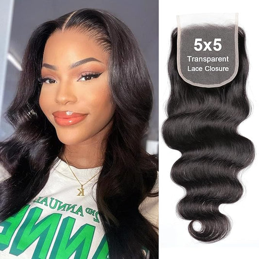 5x5 Transparent HD Lace Closure Human Hair Body wave Closure Unprocessed Virgin Human Hair Invisible Lace Frontal Closure Pre Plucked with Baby Hair Natural Black Color 14 inch