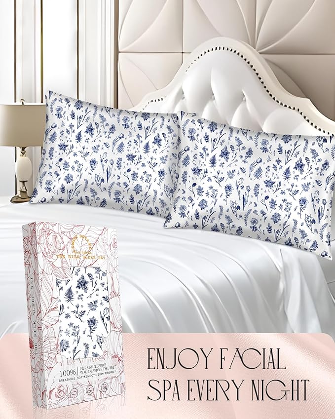 2 Pack Satin Pillowcase - Queen Size 20 x 30 Inches with Hidden Zipper Smooth and Comfortable Pillow Covers Hair and Skin Care for Moms and Women, Blue Line Flower