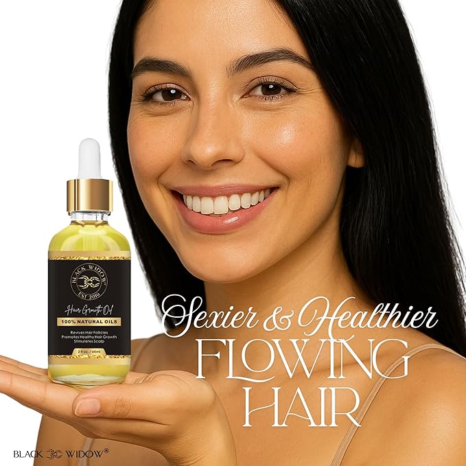 Black Widow Hair Growth Oil 2 oz – All-Natural Follicle-Stimulating Blend with Botanical Oils & Vitamins – Reduces Thinning, Builds Density & Length