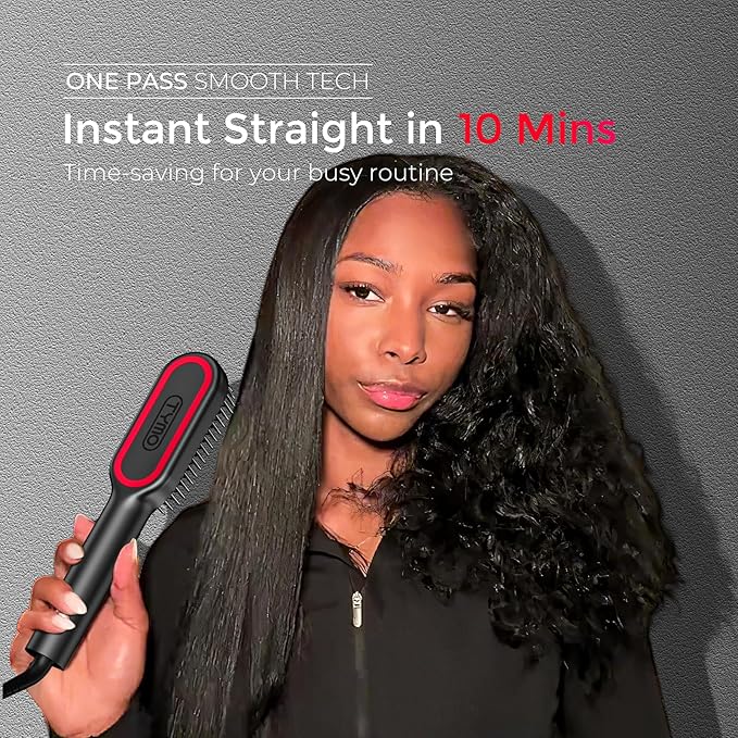 TYMO Hair Straightener Brush - Upgraded Ionic Compact Straightening Brush for Women with Wave-Design Bristles, Fast, Smooth Styling, Lightweight Hot Comb & Travel Flat Iron, 1 Billion Ions, Black
