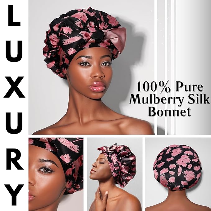 100% Mulberry Silk Bonnet for Sleeping with Ties – Adjustable 19 Momme Double-Layer Reversible Hair Wrap – Stay-On Sleep Bonnet for Women, Long Curly Hair, Natural Hair Care, Real Silk Night Cap – Handmade in USA (Vintage Pink)