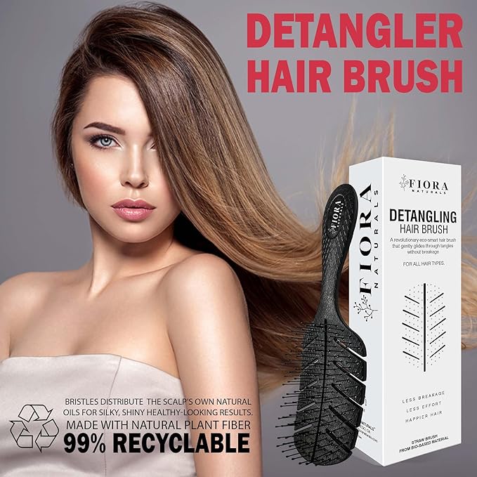 Detangler Brush by Fiora Naturals - 100% Bio-Friendly Detangling brush w/Ultra-Soft Bristles - Glide Through Tangles with Ease - For Curly, Fine, Black Natural, Women, Men, Kids - Dry and Wet Hair
