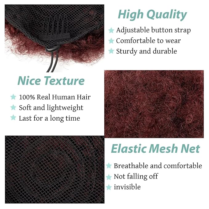 Afro Puff Clip On Human hair Drawstring Ponytail for Black Women,Short Afro Kinkys Curly Afro Bun Extension Hairpiece Ponytail Extension 8 Inch #99j Burgundy 60g
