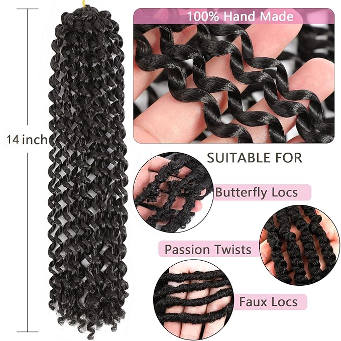 Alrence Passion Twist Hair 14 Inch 8 Packs Water Wave Crochet Hair Curly Braiding Hair For Butterfly Locs Long Bohe Crochet Braids (14 Inch (Pack of 8), 4#)