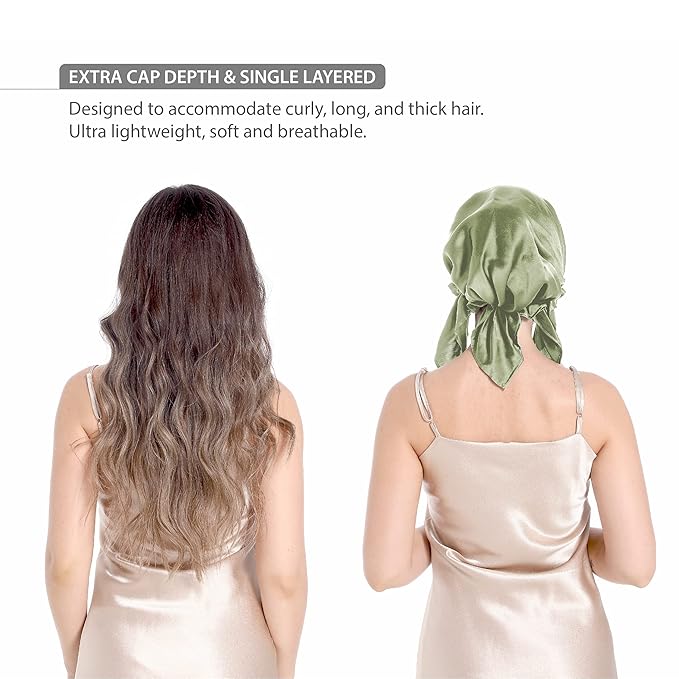 SissiLita 100% Silk Bonnet for Sleeping, Large Silk Sleep Cap with Tie Band for Curly Hair Care (Sage Green)