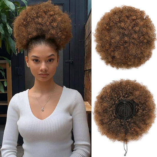 AISI QUEENS High puff Afro Ponytail Drawstring Short Kinky Curly Warp for African American Synthetic hair puff extensions with color Black to Auburn Brown (1B/30#)